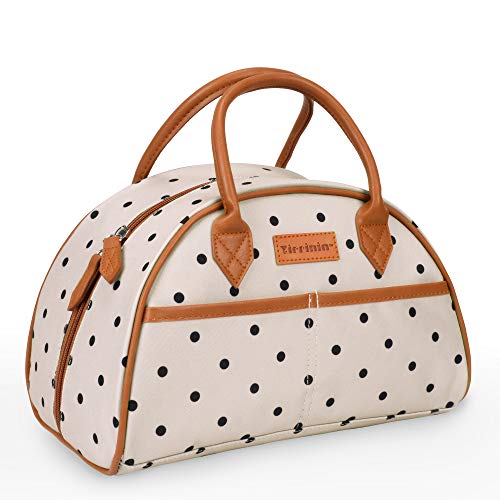 Tirrinia Insulated Lunch Bag for Women w/Leather Handle, Reusable Tote Bag for Men, Fashionable Cooler Lunch Box for Working/Picnic - Pink Dot