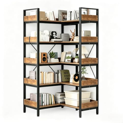 GarveeLife 5-Tier Corner Bookshelf, L-Shaped Reversible Bookshelf, 65" Industrial Wooden Bookcase with Open Shelves, Metal Frame Shelf with Adjustable Feet, Corner Storage Rack for Home Offi