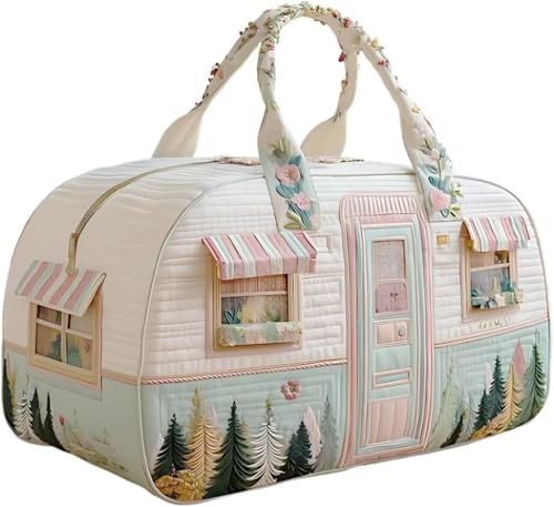 Bolso de viaje acolchado Cozy Camper, estilo bohemio vintage con estampado floral vibrante, bolso de lona para viaje, mochila espaciosa y acolchada para fin de semana. (Verde,18 Bolso de viaje acolchado Cozy Camper, estilo bohemio vintage con estampado floral vibrante, bolso de lona para viaje, mochila espaciosa y acolchada para fin de semana. (Verde,18