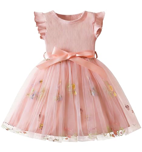 JiAmy Girls' Dresses Flower Embroidery Knit Tulle Toddler Dresses Flying Sleeves Girls Party Dress for Kids 2-3 Years, Pink Flower