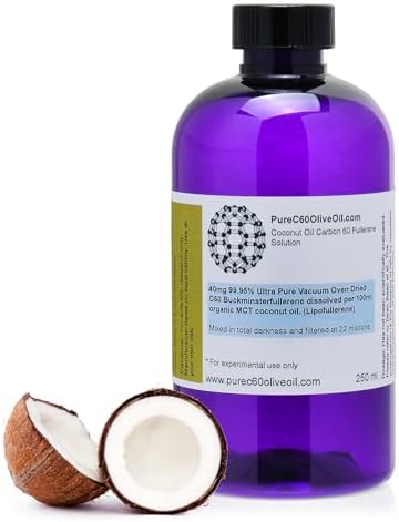 PureC60OliveOil C60 Organic MCT Coconut Oil 250ml / 8.5 Fl Oz - 99.95% Carbon 60 Solvent Free 100mg - Food Grade - Carbon 60 Coconut Oil - From The Leading Global Producer