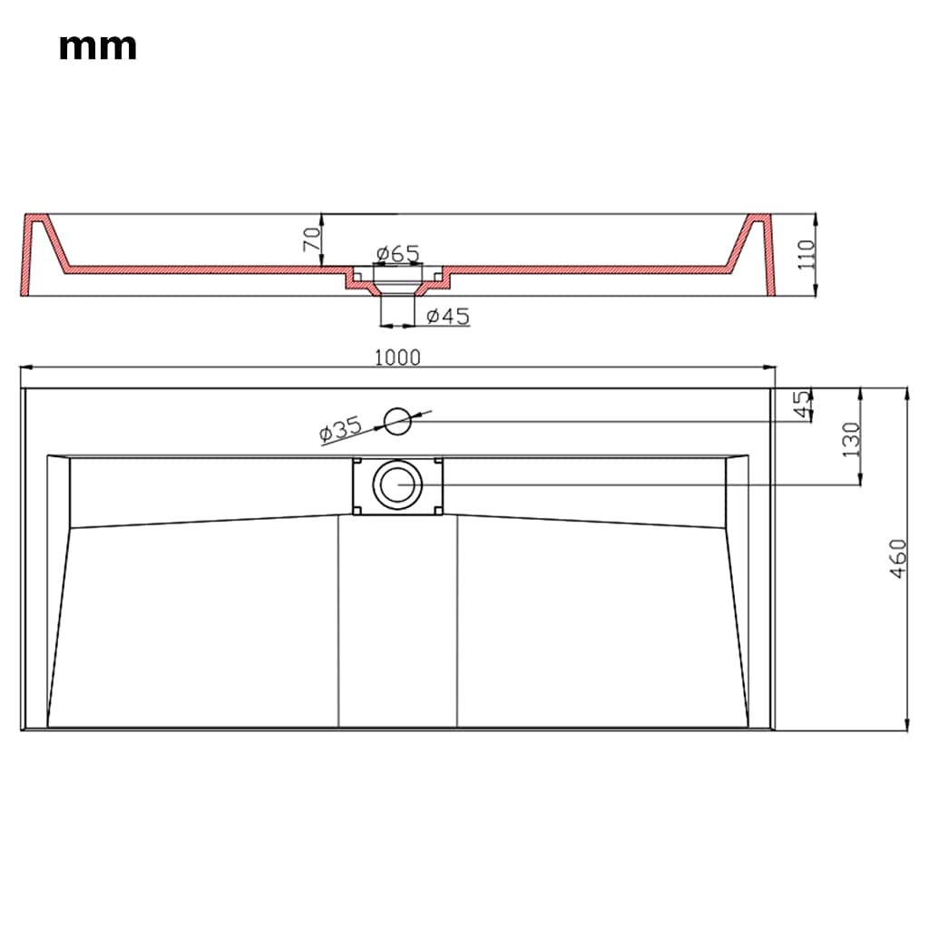 Lavabo mineral fundido 100 x 46 x 11 cm, color blanco, lavabo con orificio para grifo para montaje en pared y lavabo, baño sanitario para invitados, incluye material de montaje