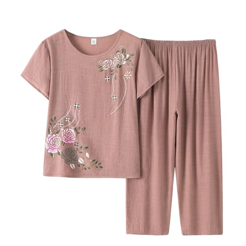 Image of FindThy Women's 2 Piece Linen Outfits Short Sleeve Floral Print Lounge Sets Crewneck Summer Suits
