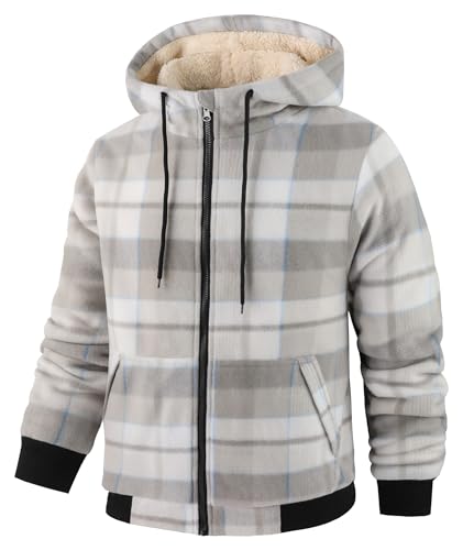 Image of Mens Plaid Hoodies Winter Zip Up Fleece Jacket Sherpa Fleece Lined Warm Flannel Jacket Coat