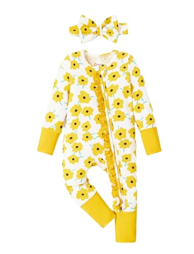 Image of PATPAT Bamboo Viscose Baby Footie with Headband, NB-2T | 2 Way-Zipper, Fold-over mittens and feet, Soft and Breathable, True to size, Stretchy for duration, Comfort in every season
