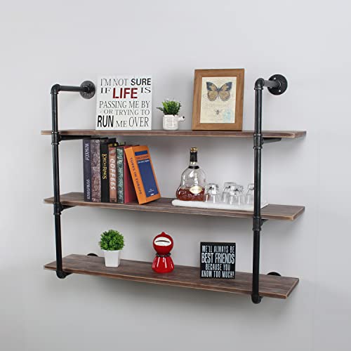 MBQQ Industrial Pipe Shelving Wall Mounted,48in Rustic Metal Floating Shelves,Steampunk Real Wood Book Shelves,Wall Shelf Unit Bookshelf Hanging Wall Shelves,Farmhouse Kitchen Bar Shelving(3 Tier)