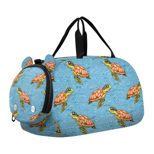 Turtle Bubble Blue Kids Travel Duffel Bag for Boys Girls Overnight Weekend Tote Bag with Shoes Compartment for Trip Beach Gym