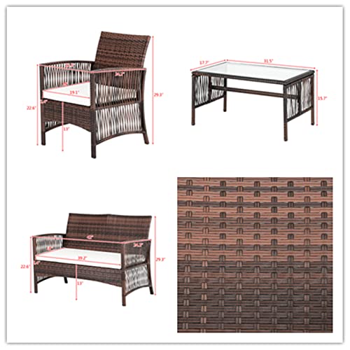 4 Piece Outdoor Indoor Modular Sofa Set, Rattan With Waterproof Seat Cushion Outdoor Seat, Glass Top Coffee Table, Outdoor Segmented Wicker Patio Furniture Talk Sofa Set For Patio Garden Porch #TOP3