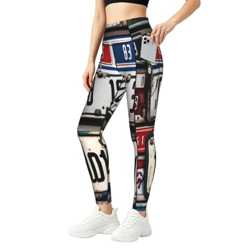 Pantalones de yoga QYUHBNS con estampado de matrículas vintage y bolsillos prácticos