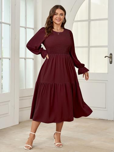 Image of SHESTARR Women's Plus Size Dress Long Sleeve Crewneck Smocked Tiered Flowy Boho Wedding Party Maxi Dresses