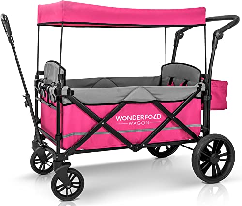 WONDERFOLD X2 Push & Pull Double Stroller Wagon (2 Seater) Featuring 5 Point Harnesses, Adjustable Push Handle, Telescopic Pull Handle, and Removable UV-Protection Canopy, Pretty-n-Pink