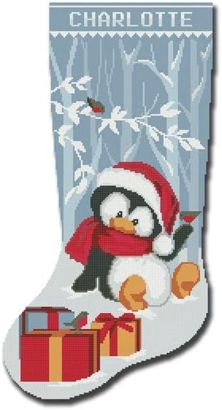 Cross Stitch Kits for Adults Stamped Personalized Christmas Stockings, Cute Xmas Penguin, Needlepoint Counted Easy Simple Cross-Stitch Patterns for Beginners, Embroidery Kit for Holiday Home Decor DIY