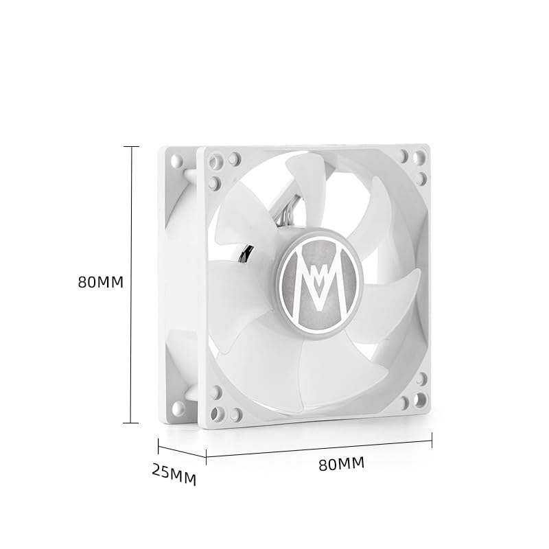 Diagram showing the dimensions of the 80mm case fan: 80mm width, 80mm length, 25mm thickness.