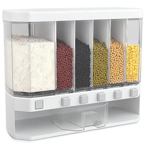 Image of 6 in 1 Wall-Mounted Grain Dispenser For Kitchen Storage Containers Organizers Box for Cereals, Pulses, Multigrain Pulses Dal Grain & Dry Food with Press Flow Control & Measuring Cup | 10 Kgs Capacity