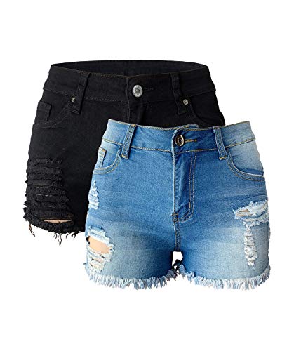 Aodrusa Womens Middle Rise Black Ripped Denim Shorts and Blue Short Jeans Size 8-10