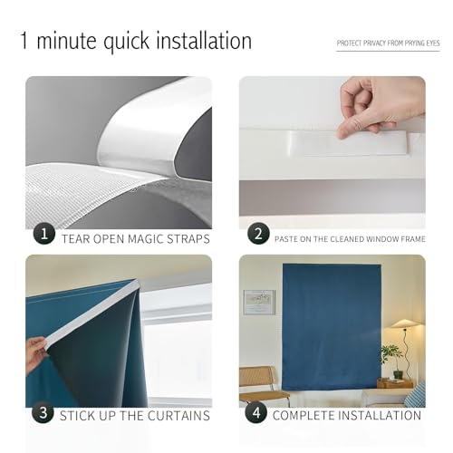 JILRON 粘着カーテン 100% 遮光 ドリル不要 簡単取り付け 寝室用ブラインド 遮光(ダークブルー-幅47 x 241.3 cm L-1P) [2]