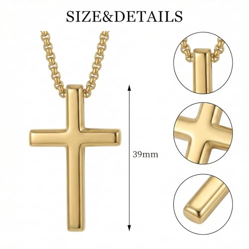 Image of 14K Gold Cross Necklaces for Men,Crosses Pendant Necklace for Mens Minimalist Religion Jewelry Chunky Box Chain 24in