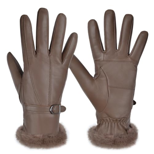 Harssidanzar Damen Lederhandschuhe Winter Thermo handschuhe Kleid Lederhandschuhe SL022EU,Braun,Größe M