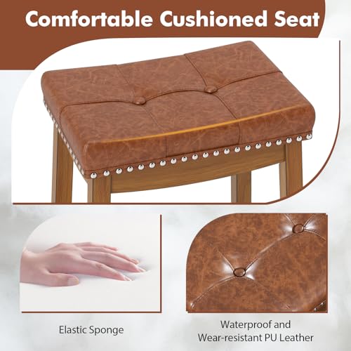 Juego de 2 butacos de bar COSTWAY, altura de barra de 29 pulgadas, asiento de cuero sintético PU, estructura de madera de caucho maciza, reposapiés, butacos sin respaldo de estilo mid-century para isla de cocina y bar en casa miniatura 6