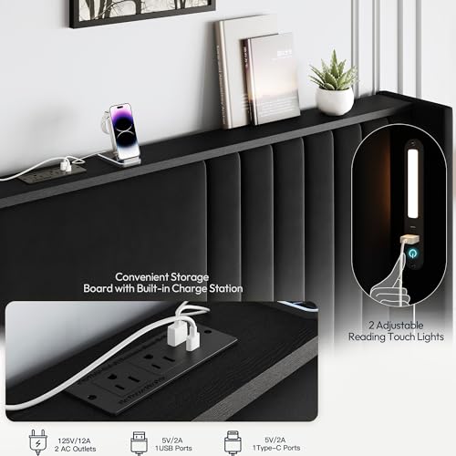 Image of King Size Bed Frame with 55.1 inch Tall Headboard, Velvet Upholstered Platform Bed with Channel Tufted Wingback, 2 Reading Lights /Storage Shelf /Charging Station /Easy Assembly /Noise-Free, Black