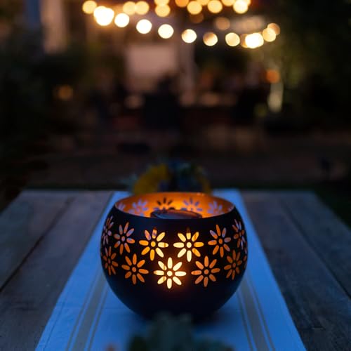 Original Solar Fire Bowl (1-Pack) Outdoor Waterproof Solar Lanterns - Metal Porch Lights with Flickering Flame for Tabletop Patio Garden & Landscape Decor (Matte Black)