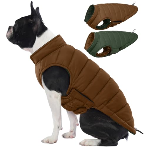 Image of Lelepet Reversible Dog Coat Windproof Dog Jacket Lightweight Puffer Vest | Winter Jacket Warm Cold Weather Coat for Medium Dogs Adjustbale Hook & Loop Pet Apparel with Leash Hole, Pug, Brown, M