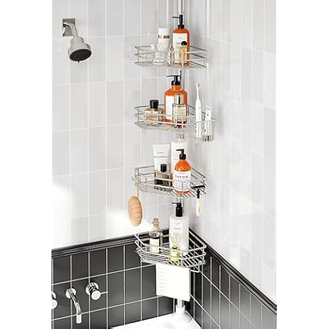 SEIRIONE Corner Shower Caddy Tension Pole, Adjustable Shower Organizer Corner with 4 Shelves, No Drilling Shower Shelf for Inside Shower, Shower Rack for Shower Storage,39.2 to 113 Inch Height, Silver Cover