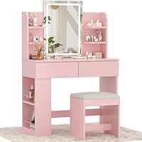 Devoko Dressing Table with Stool,Vanity Desk Set,Makeup Table with Adjustable Brightness LED Mirror,2 Drawers,4 Storage Shelves, Bedroom Furniture 90 x 40 cm,Pink