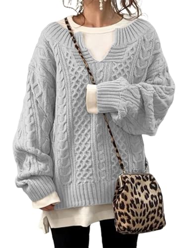 Image of chouyatou Women's Winter Chunky V Neck Long Sleeve Loose Cable Knit Sweater Pullover