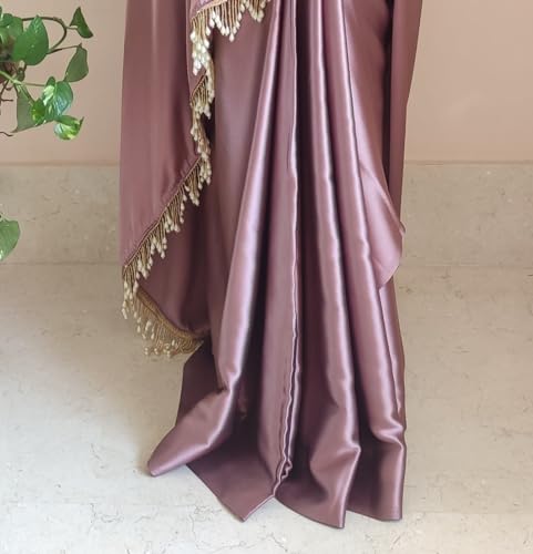 SATAZ Women's Ready to Wear Rose Gold Satin Silk 1 Minute Pre Pleated Readymade Saree with Unstitched Rose Gold Blouse