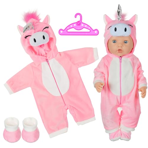 Aolso Poupée 35-45cm Robe avec Manteau et Chaussettes Tenue pour New Born Baby Pyjama à Capuche(Licorne Rose)