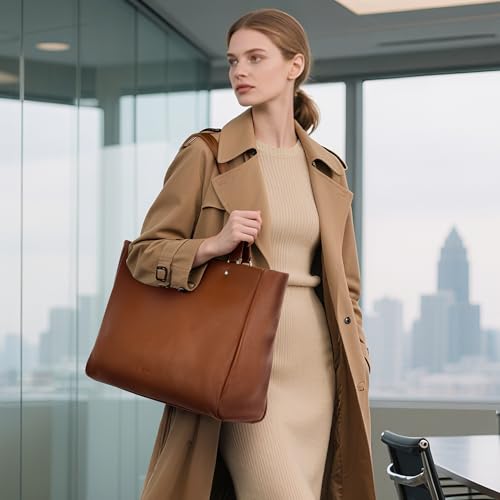 Image of befen Genuine Leather Work Tote Bag for Women with 15 inch Compartment | Real Leather, 15 inch Laptop Sleeve, Trolley Strap, Zipper, Cup Holder