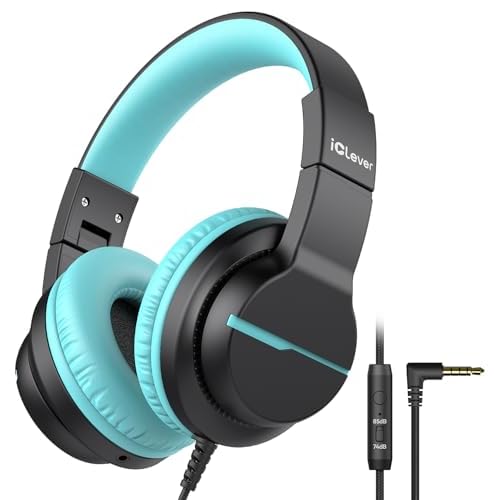 iClever HS19 Kids Headphones with Microphone for School, Volume Limiter 74/85dBA, Over-Ear Girls Boys Headphones for Kids with Shareport, Foldable Wired for iPad/Travel (Black) Dark