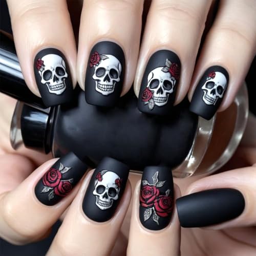 Black Halloween Press on Nails Rose Skull False Nails Matte Medium Square Glue on Nail Day of the Dead Acrylic Stick on Nail for Women