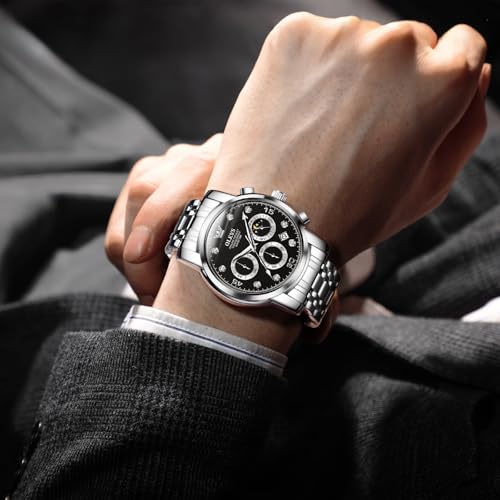 OLEVS Men's Chronograph Watch, Gold Silver Stainless Steel Analog Quartz Watch, Waterproof Multi-Function Dial with Date Diamond Watches for Men