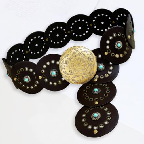 44.5 x 3.5 Inch Boho Black PU Leather Cowgirl Waistband Vintage Wide Leather Cowboy Disc Belt Adjustable Hollow Western Chunky Disk Waist Belt with Metal Buckle for Women Jeans Dress Skirt3