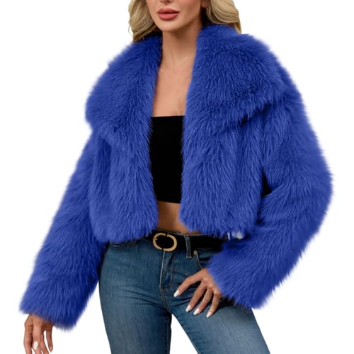 Flodxo Cropped Faux Fur Coat Women Winter Short Thicken Cardigans-Warm Casual Fleece Jackets,Lapel Neck Long Sleeve Thermal Overcoats,Elegant Party Wedding Outfits,Blue,XXL