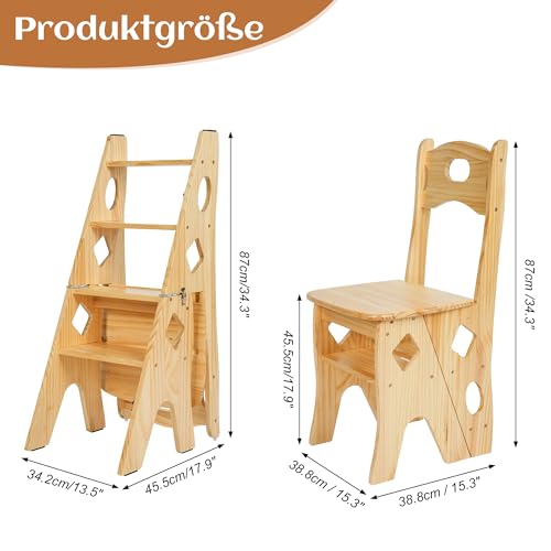 bimiti Tritthocker Klappbar, Lernturm Klappbar, Klappstuhl Holz bis 180 kg, Multifunktionale Blumenständer und Stuhl Ausstellungsständer, Hocker Zweizweck für Bibliothek, Büroe, Wohnzimmer