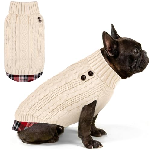 Image of KYEESE Dog Sweater for Small Medium Dogs Turtleneck Thick Knit Pullover | Stretchy Fit, Lightweight & Warm, Cozy Knit Comfort, Classic Plaid Design, Gentle on Sensitive Skin, Winter Daily Wear