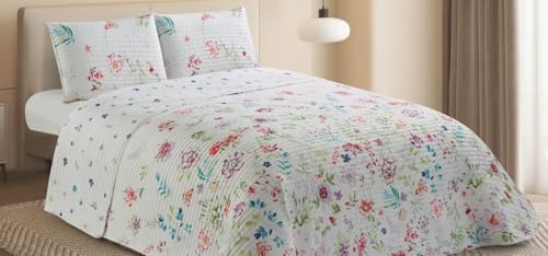 Mice - Colcha Bouti Reversible con Diseño Floral, Acolchado Fino, Incluye Fundas de Cojín 50x70 cm - Cubrecama Entretiempo y Verano (Cama 150-250x270 cm)
