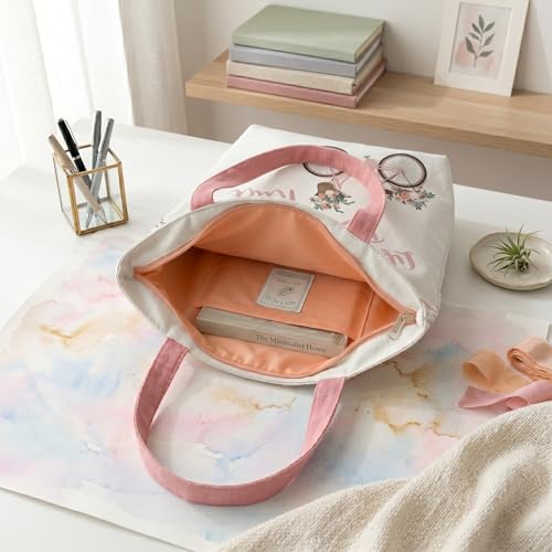Image of Canvas Tote Bag with Zipper for Women| Inside Pocket | Cotton College Shoulder Bag | Stylish Travel Sling & Handbag for Daily Use | Cotton Canvas Fabric