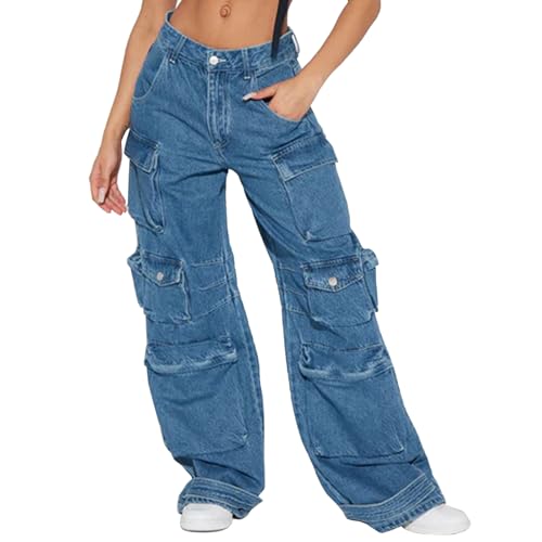 Women's Cargo Pants Low Waist Baggy Jeans Y2K Pocket Wide Leg Casual Trendy Streetwear