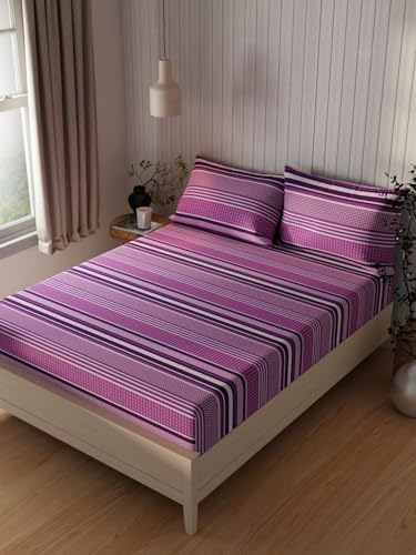 Image of KOPA Extra Smooth Cotton Double Bedsheet with 2 Pillow Covers -3pc Set (Lopez) | Extra Smooth Cotton | 1 Double Bedsheet with 2 King Size Pillow Covers Stripe-Pink /Purple