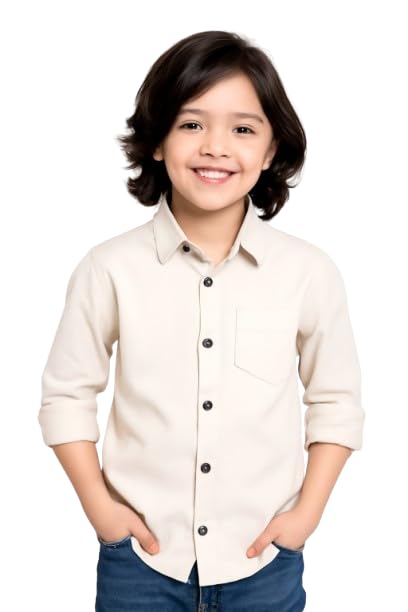 Image of Boys Kids Beige Cotton Shirt, Long Roll-Up Sleeves, Party, Age 2-12 Years