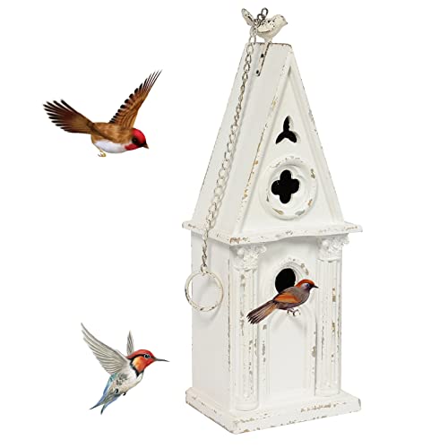 22.4" H Wooden Birdhouse, Hanging Bird Houses For Outside With Pole For Finch, Bluebird, Cardinals, Vintage Church Bird House Garden Patio, Distressed Wood Birdhouse Country Cottages #TOP13