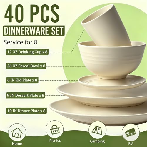 Image of Dinnerware Sets 40 PCS Wheat Straw Plates and Bowls Sets With Cups Service for 8 Microwave Safe Dishes for Kitchen Lightweight Dish Set for RV Outdoor Activities Travel - Beige Colors
