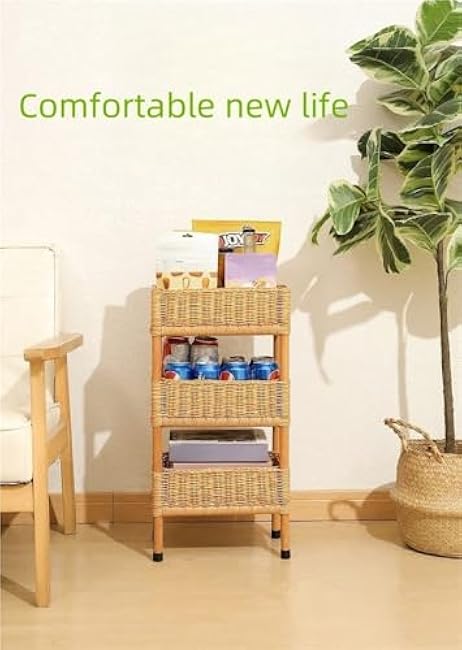 Rattan Shelving Unit 3 Tiers Standing Wooden Caddy, Vertical Tiered Basket,Hand Woven Floor Rattan for Living Room, Bedroom, Kitchen