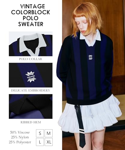 Vintage Polo Sweater Striped Oversized Colorblock Pullover Retro Long Sleeve Knit Top4