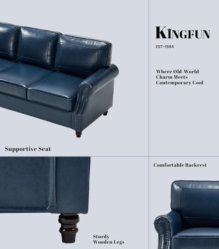 Image of Kingfun Loveseat 2 Seater Couch with Chair, Mid Century Modern Faux Leather Sofa Set with Rolled Arms and Deep Seats, Fluffy Comfort for Living Room, Apartment, Easy Assembly, Blue