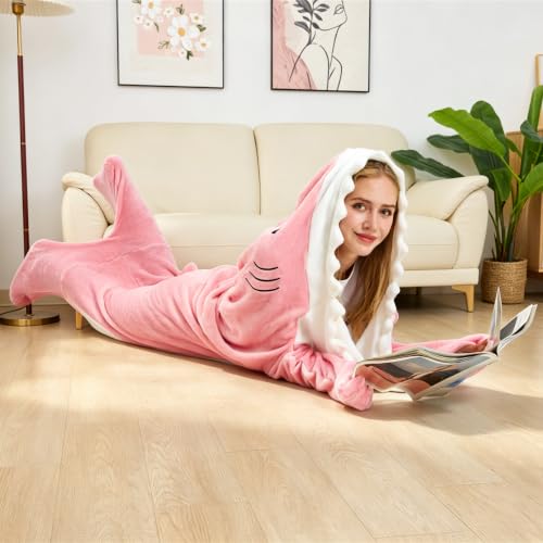 Image of Pink Shark Blanket Shark Sleeping Bag Shark Onesie Cosplay Shark Costume Shark Gifts(Pink Shark,S Fit for Height 4'5 inch-4'9 inch)
